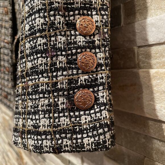Chanel 05 Black White Plaid Tweed Sequin Jacket FR 40 | Gold Buttons Blazer Rare - Picture 9 of 16